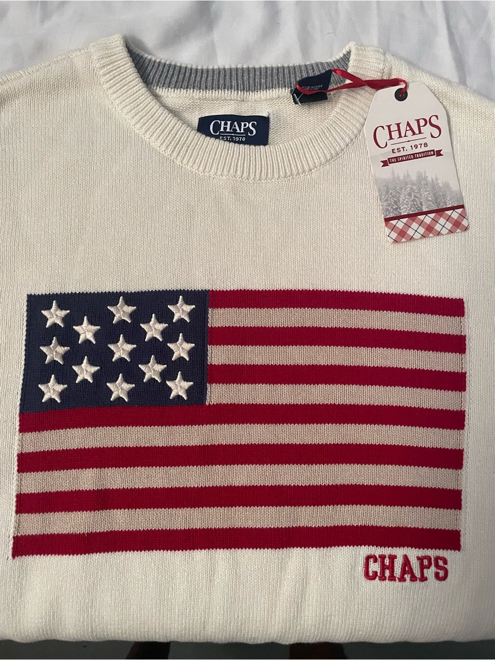 Chaps Cream Crewneck Sweater with Flag Motif
